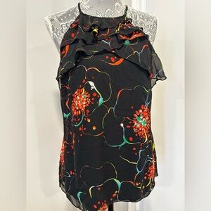 Twentyone Women’s Large Black w/ Stylized Flowers. Sleeveless Ruffled Halter Top